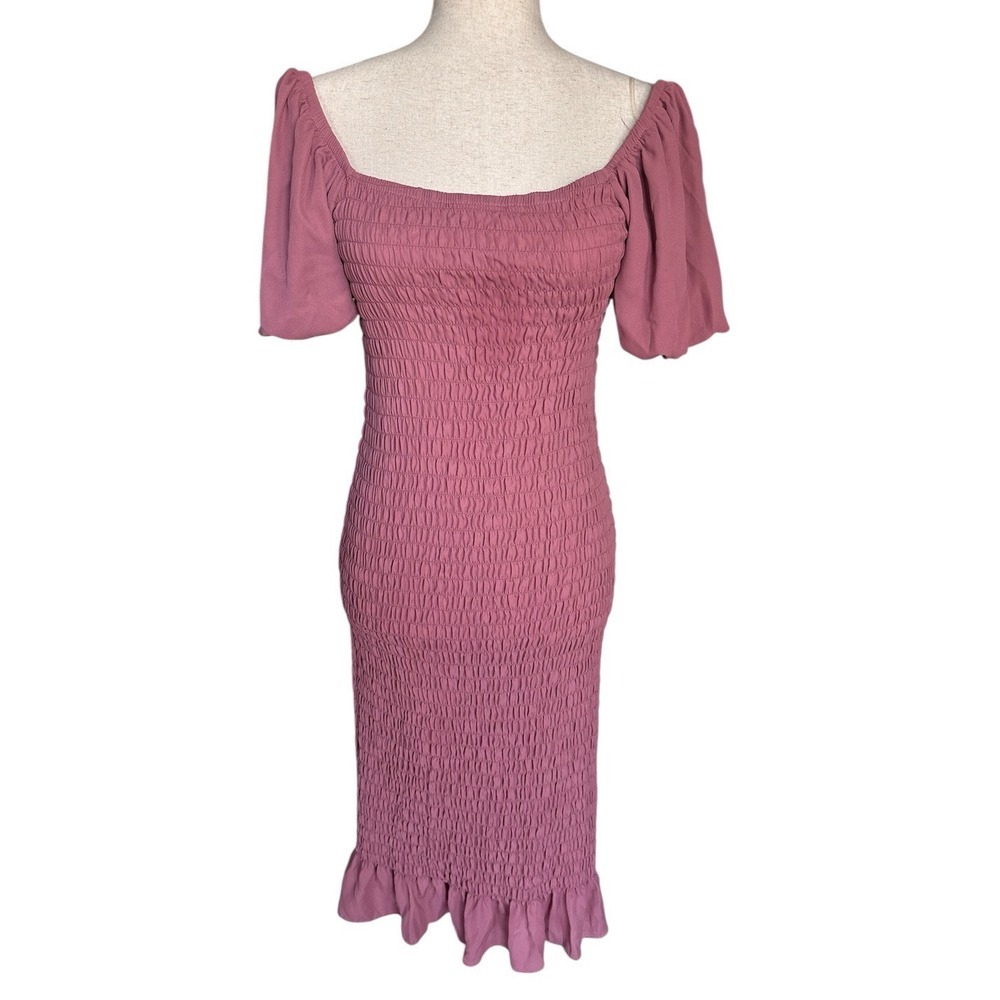 Trixxi Smocked Ruffle Midi Dress Puff Short Sleeve Stretchy Bodycon Mauve Large